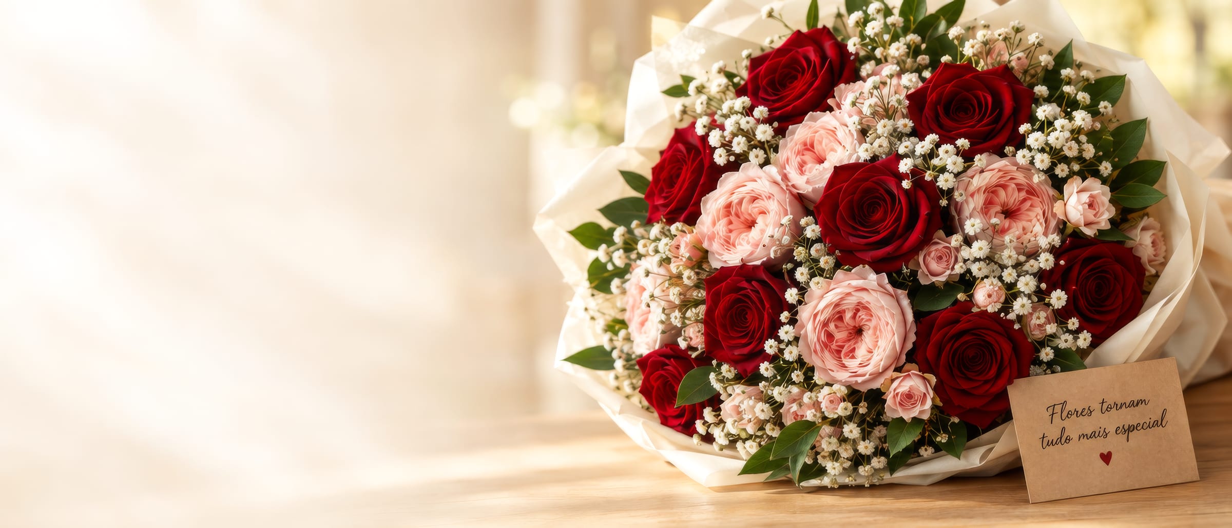 Buquê de rosas vermelhas e cor-de-rosa com mosquitinho, embrulhado em papel creme, com cartão “Flores tornam tudo mais especial”