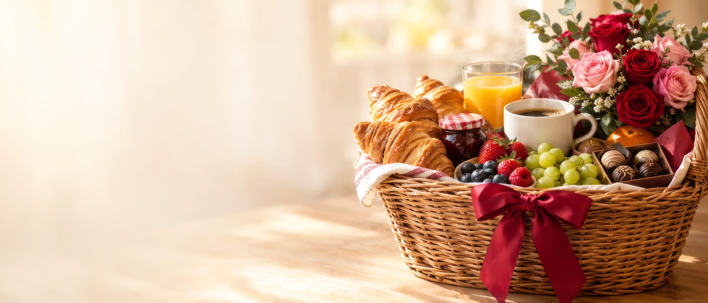Cesta de vime com laço vinho, croissants, geleia, frutas, café, suco de laranja, chocolates e rosas